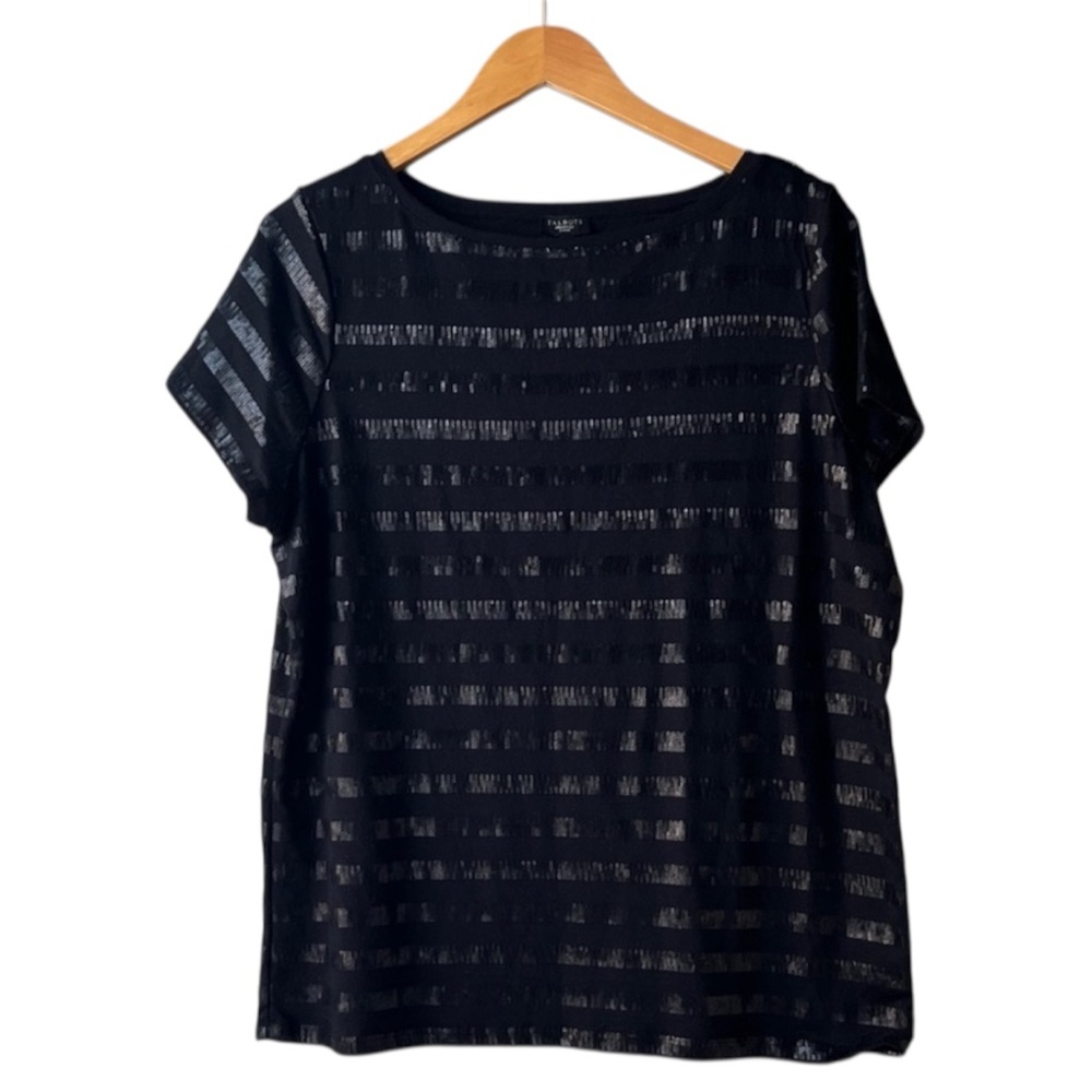 Talbots Black Sequin Striped Short Sleeve Top 1X